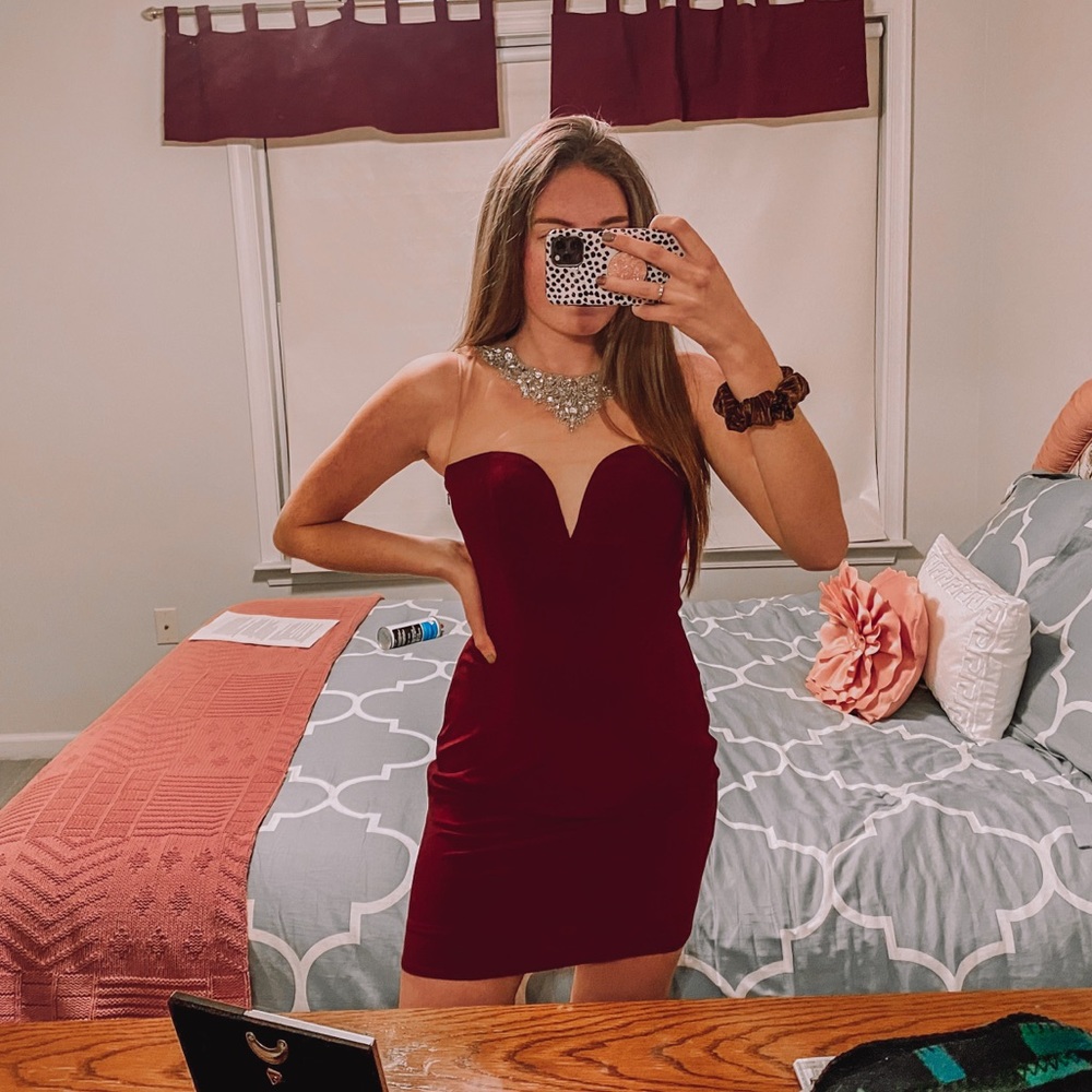 Designer maroon dress with crystal mesh neckline